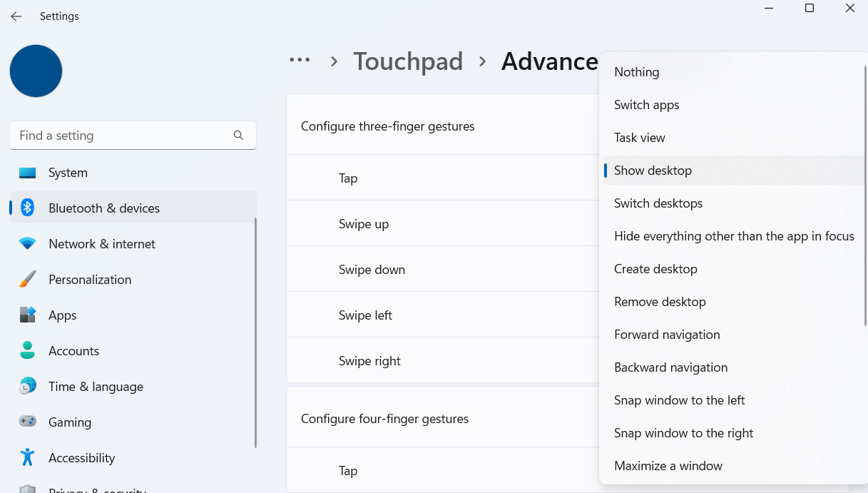 Advanced touchpad gesture settings in Windows 11