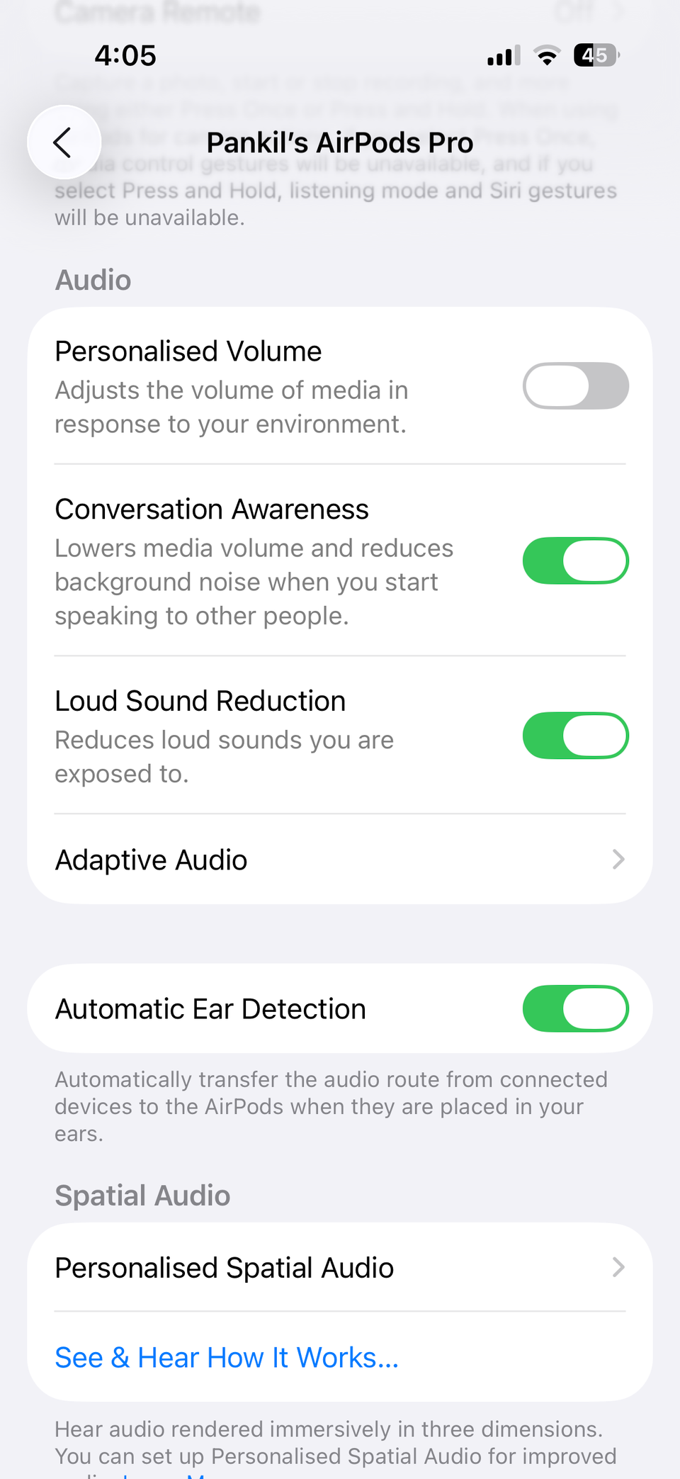 AirPods settingson iPhone showing conversation awareness option