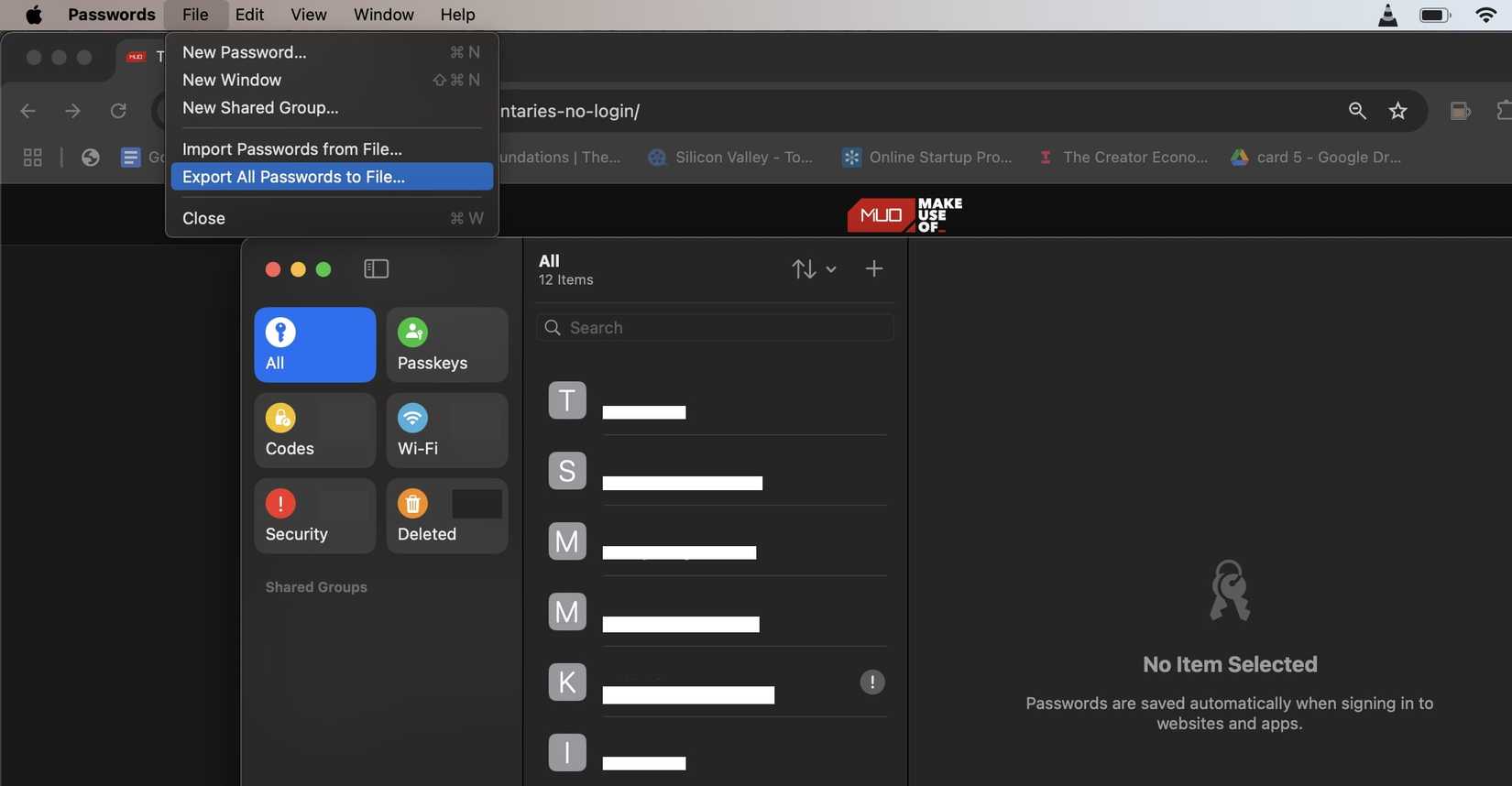 Apple Passwords file menu