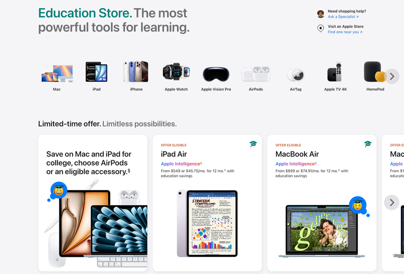 Apple's education store displaying Back to School Student Discounts