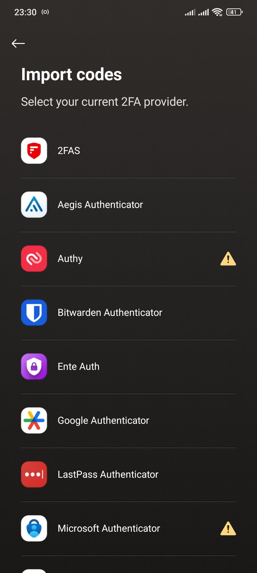 Authenticators list in Proton Authenticator with warning signs in front of Authy and Microsoft Authenticator.