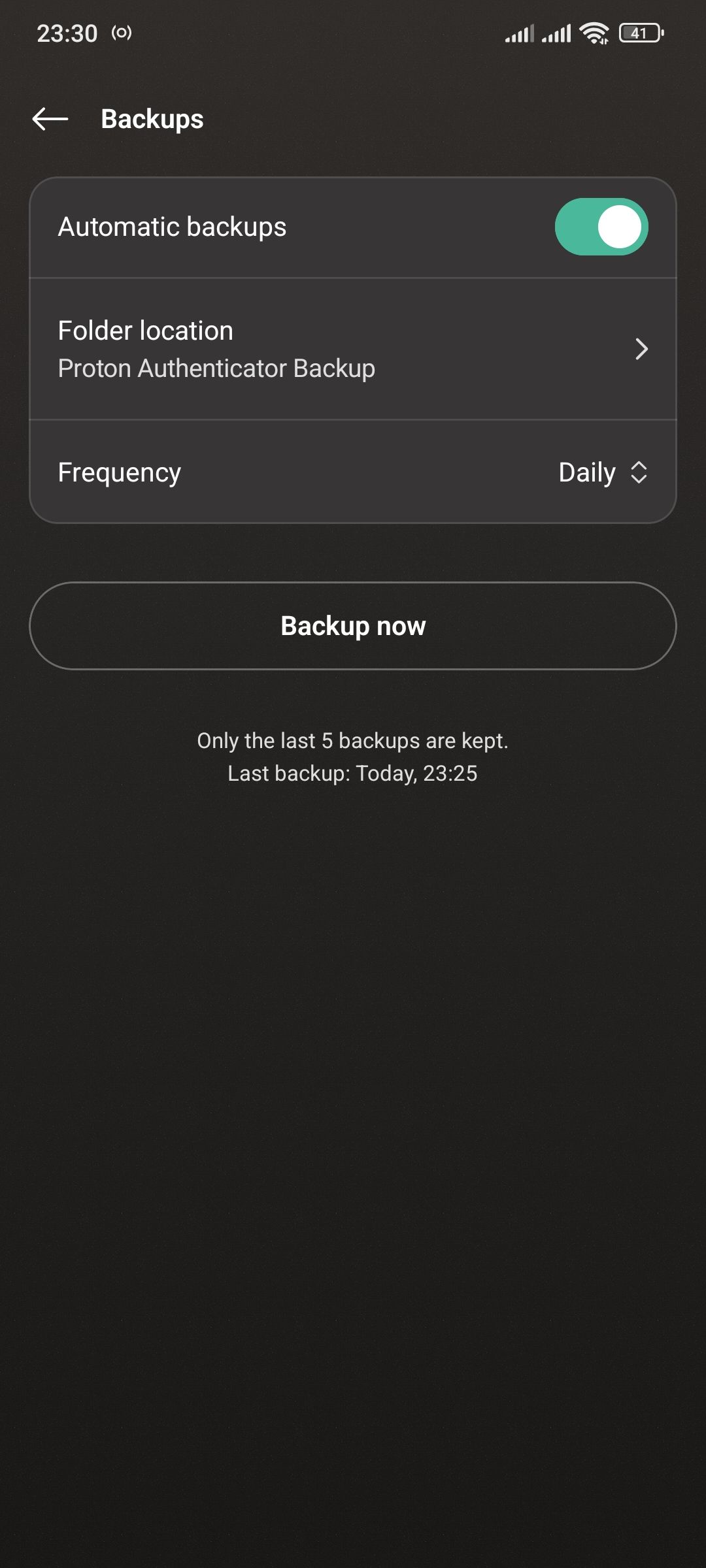 Automatic backups toggled on in Proton Authenticator settings.