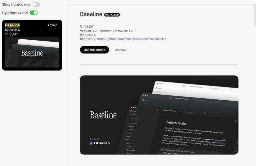 Baseline theme in Obsidian theme browser