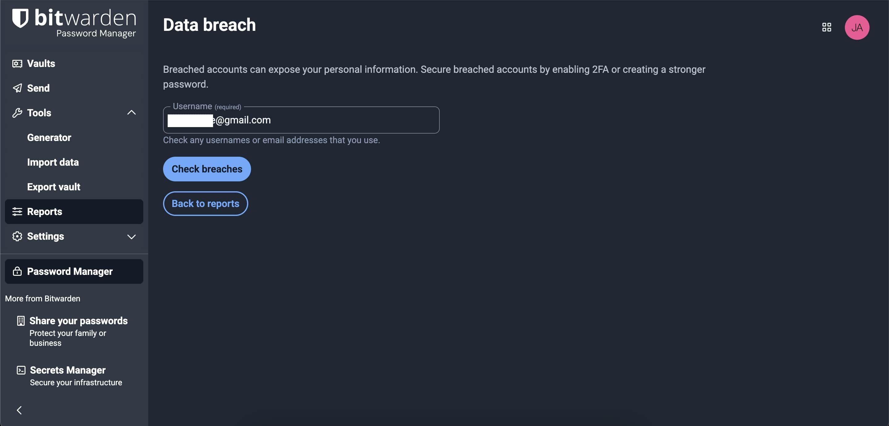 Bitwarden data breach check page