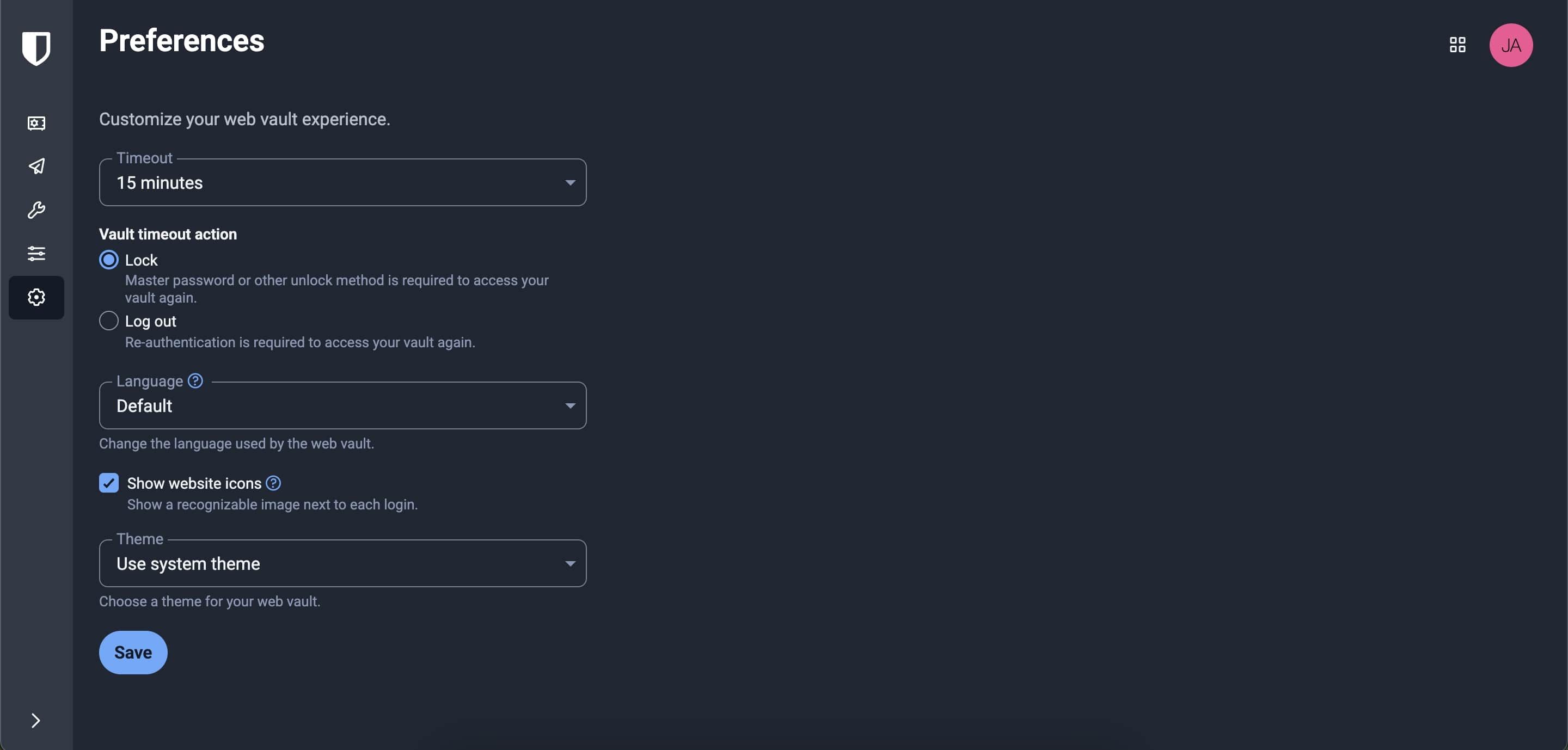 Bitwarden preferences page