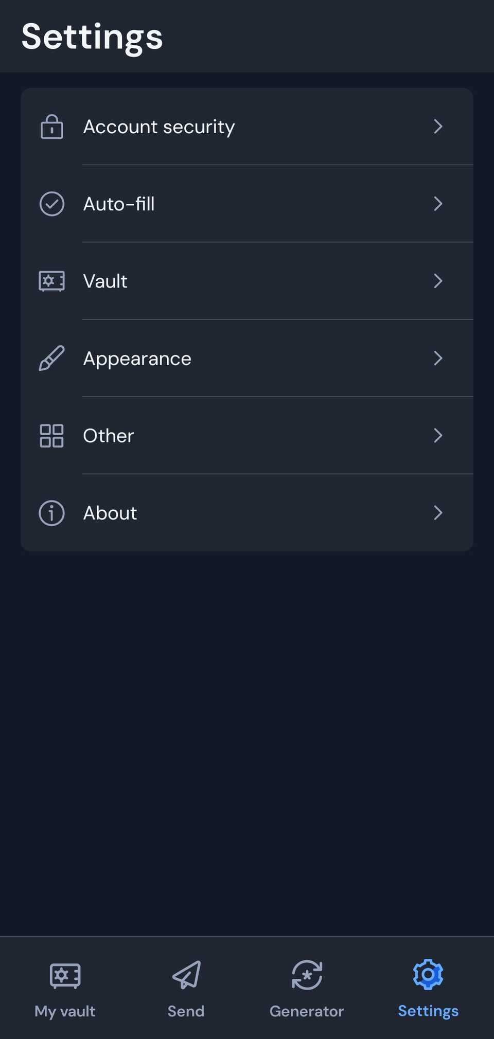 Bitwarden settings page on Android