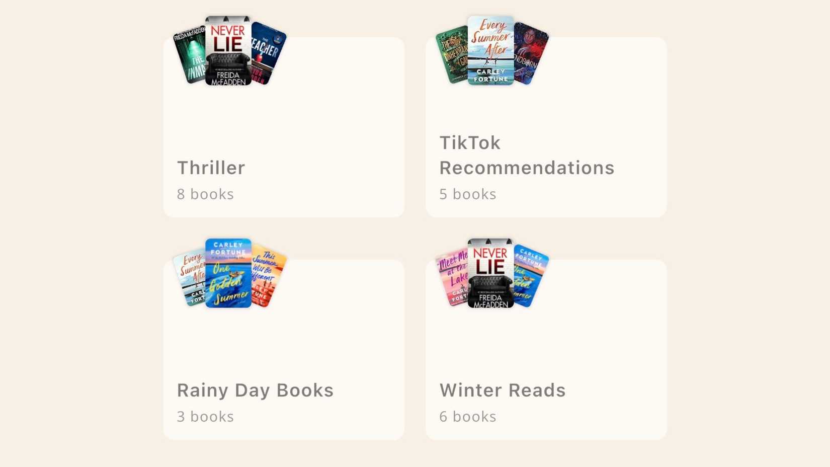 Bookmory collections including Thriller, TikTok Recommendations, Rainy Day Books, and Winter Reads