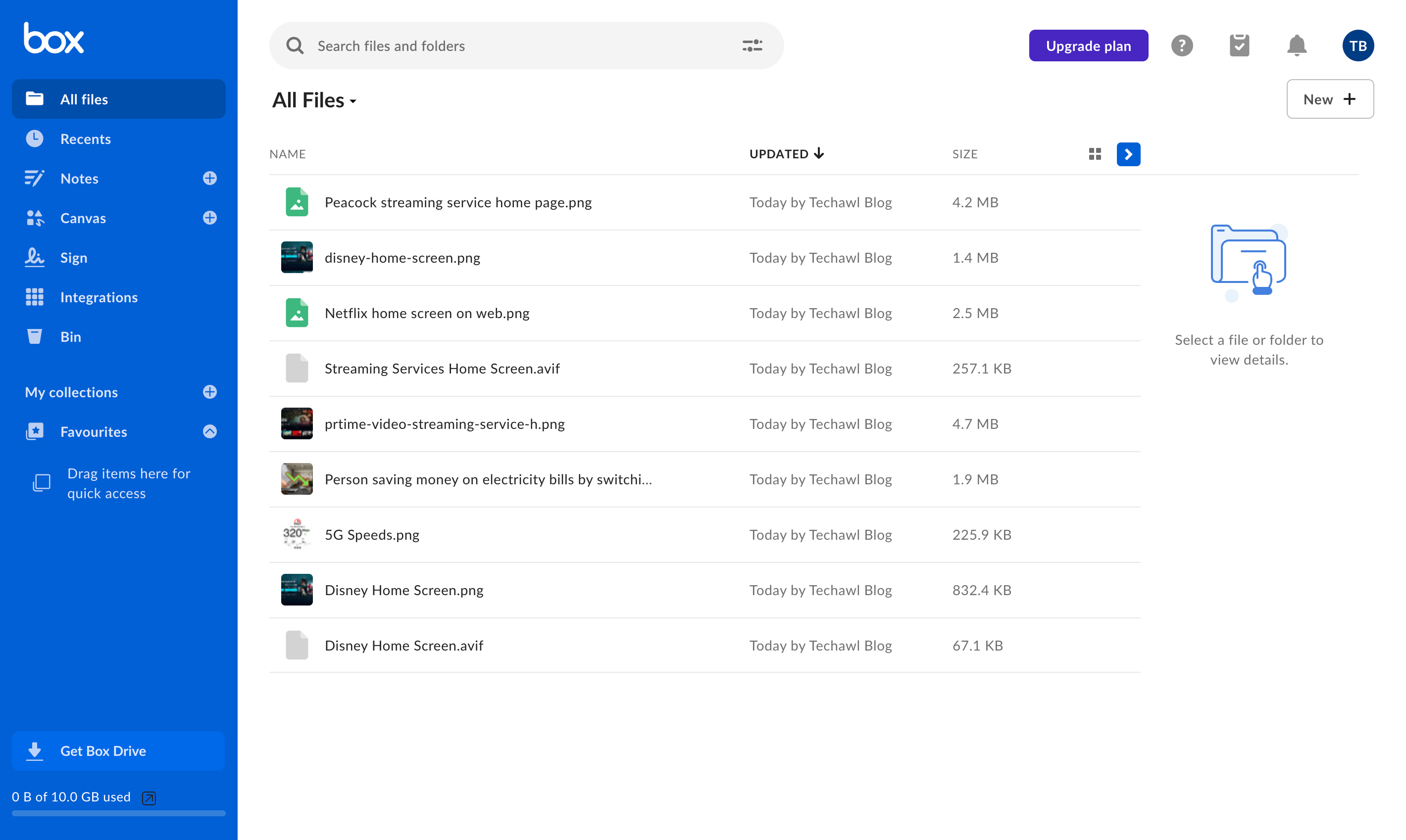 Box web interface showing all uploaded files