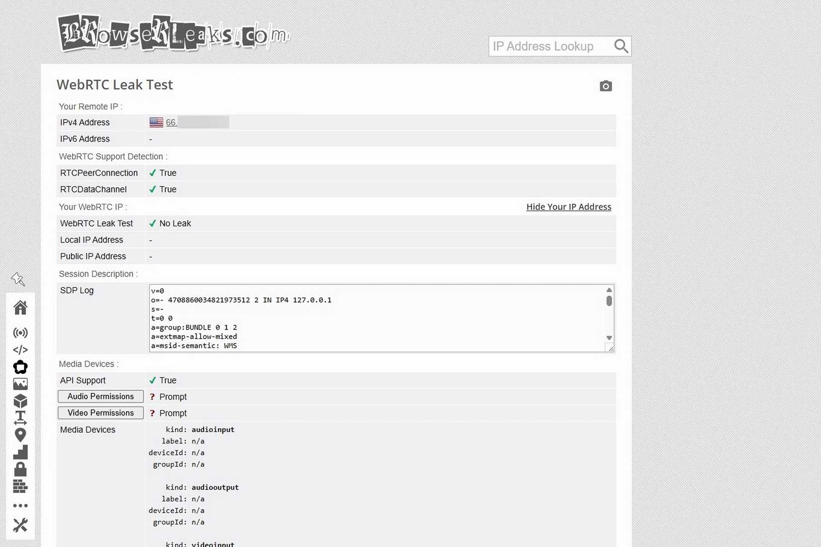 Brave browser's WEBRTC Leak test results