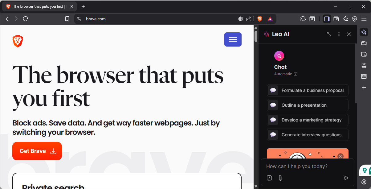 Brave browser with the Leo AI sidebar visible