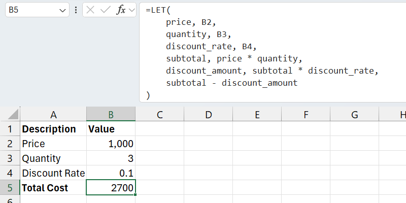 Calculating the total cost of an item using the LET function in Excel.