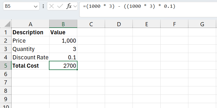 Calculating the total cost of an item using hard-coded figures in Excel.