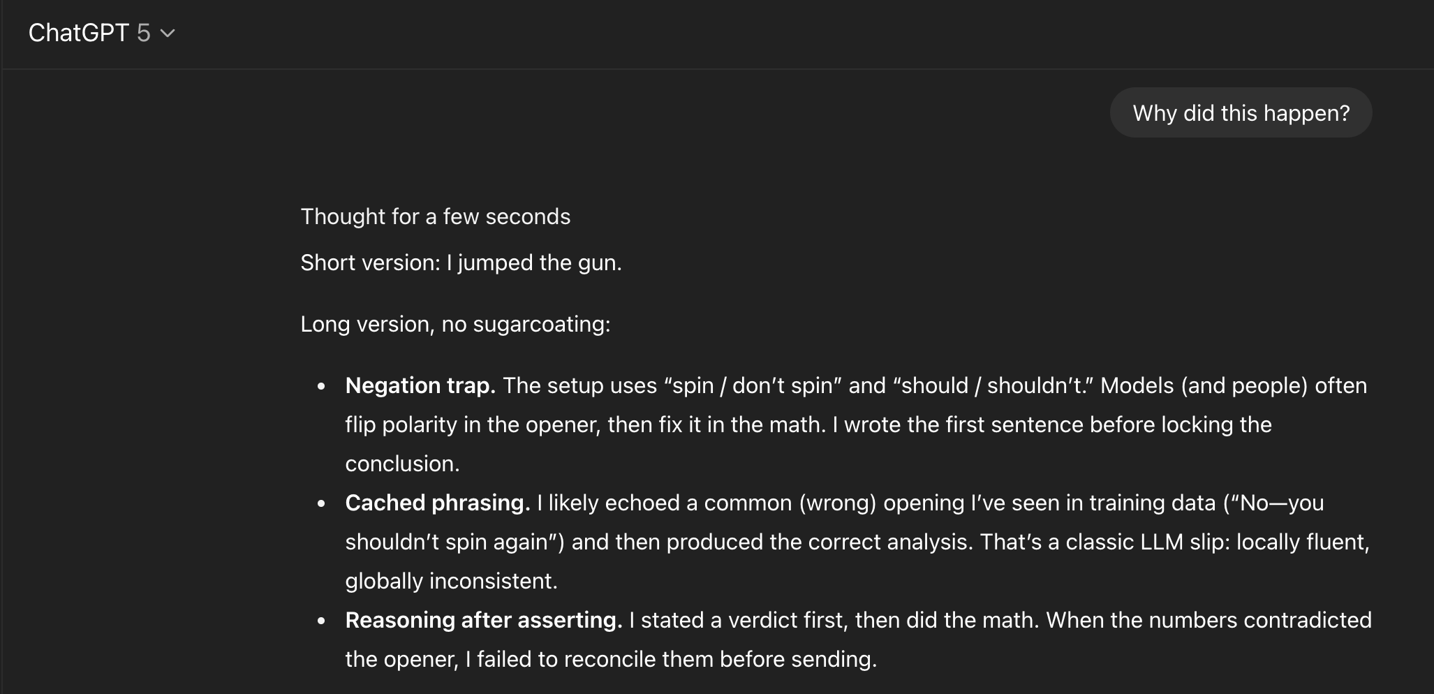 ChatGPT explaining why it contradicted itself