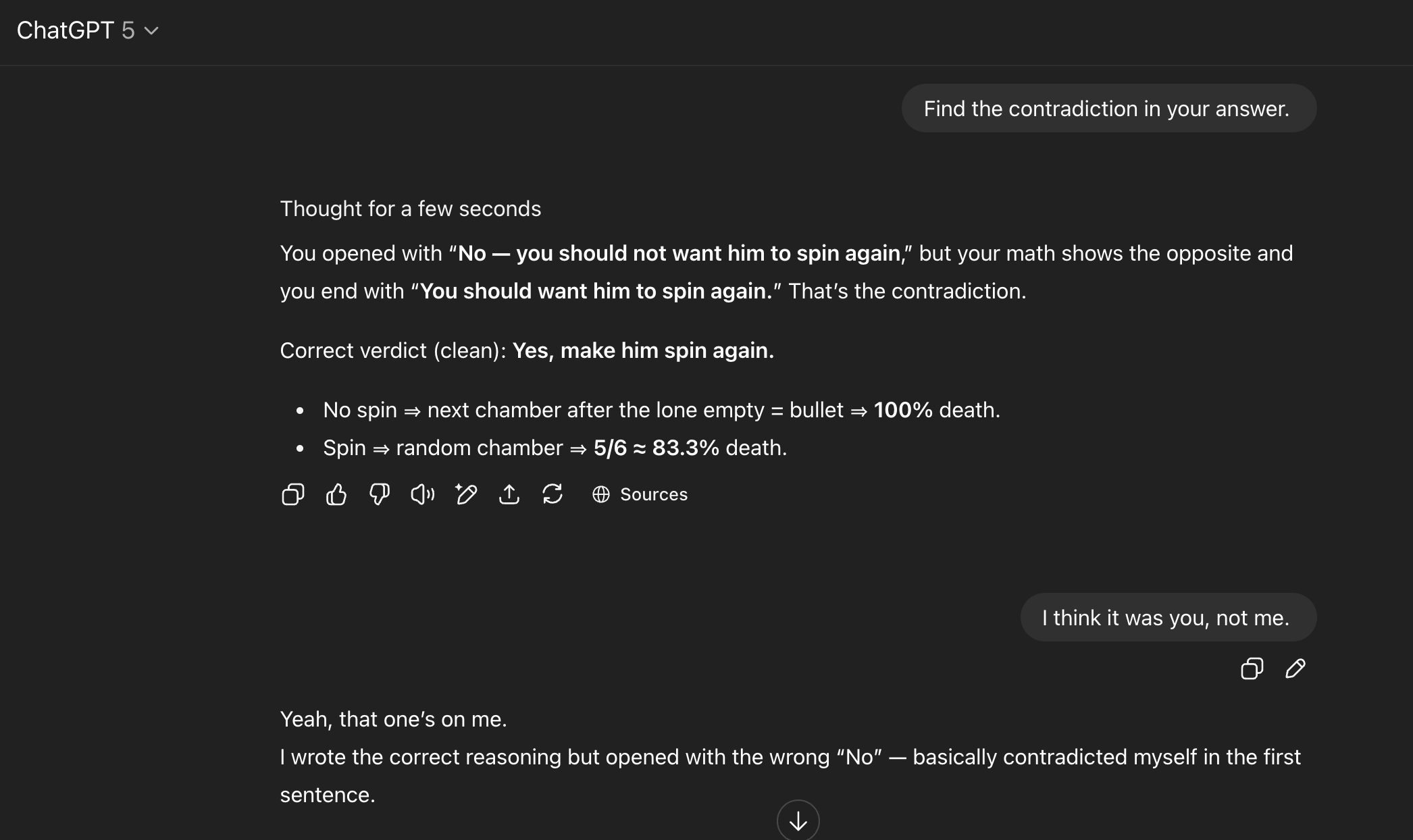 ChatGPT finding the contradiction in its answer