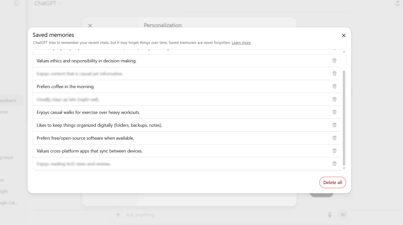 A screenshot of ChatGPT Memory entries showing stored personal information.