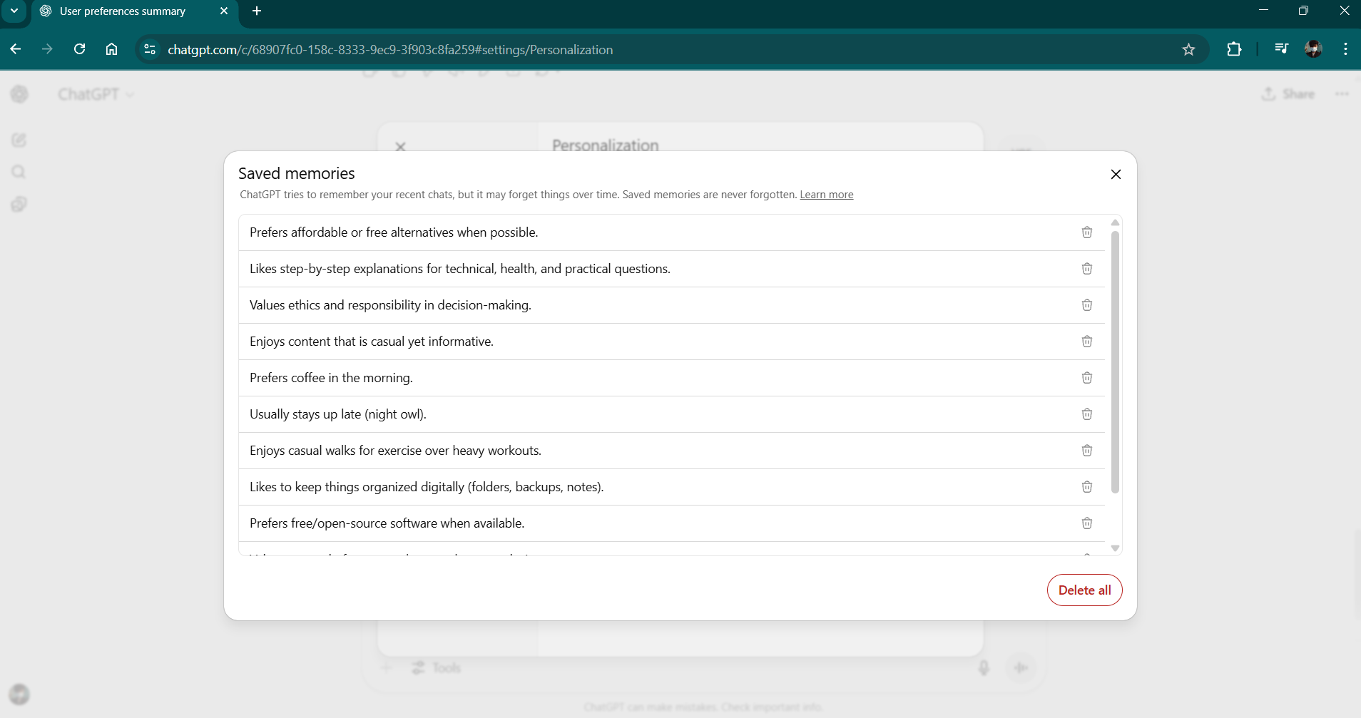 ChatGPT's Memory feature