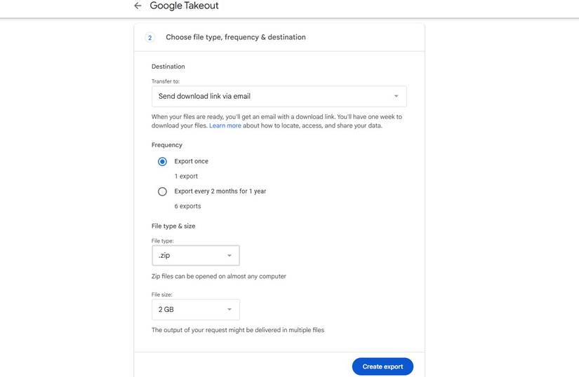 Choosing file type, frequency and destination in Google Takeout.