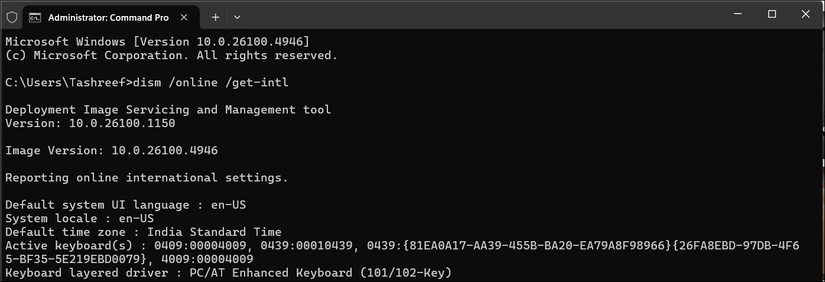 Command prompt showing the installed Windows language