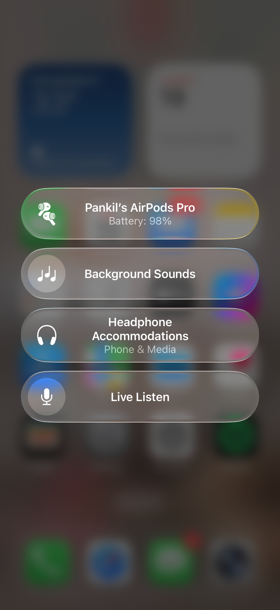 Control Center on iPhone showing AirPods hearing features