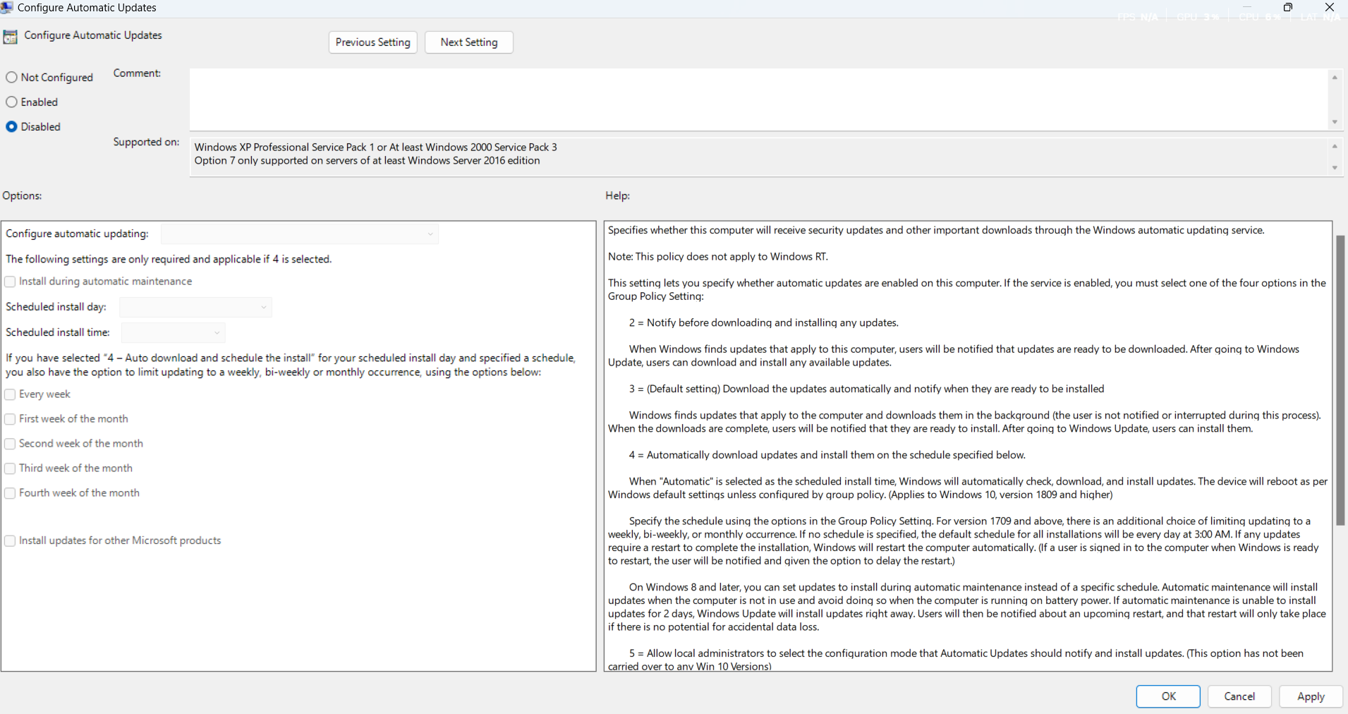 Deshabilitar actualizaciones utilizando el editor de políticas de grupo