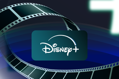 Disney+ logo glowing at the center, with a curved film strip wrapping around it