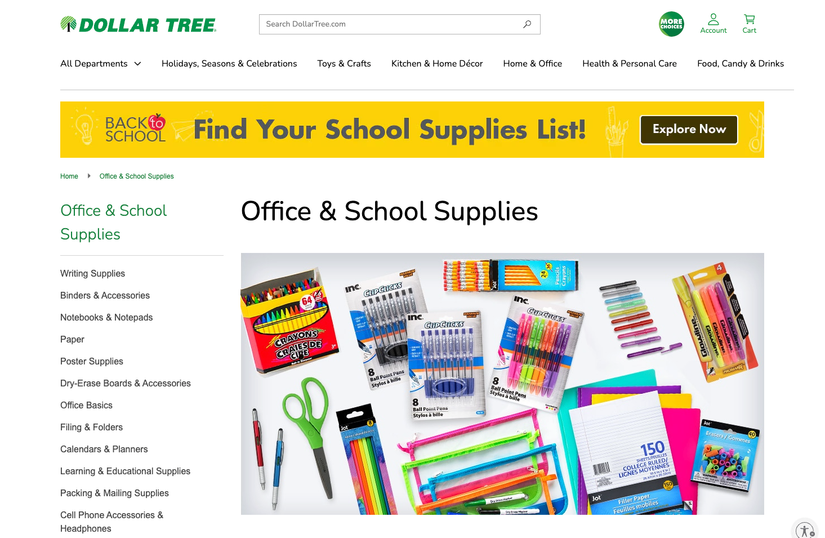 Dollar Tree school and office supplies section