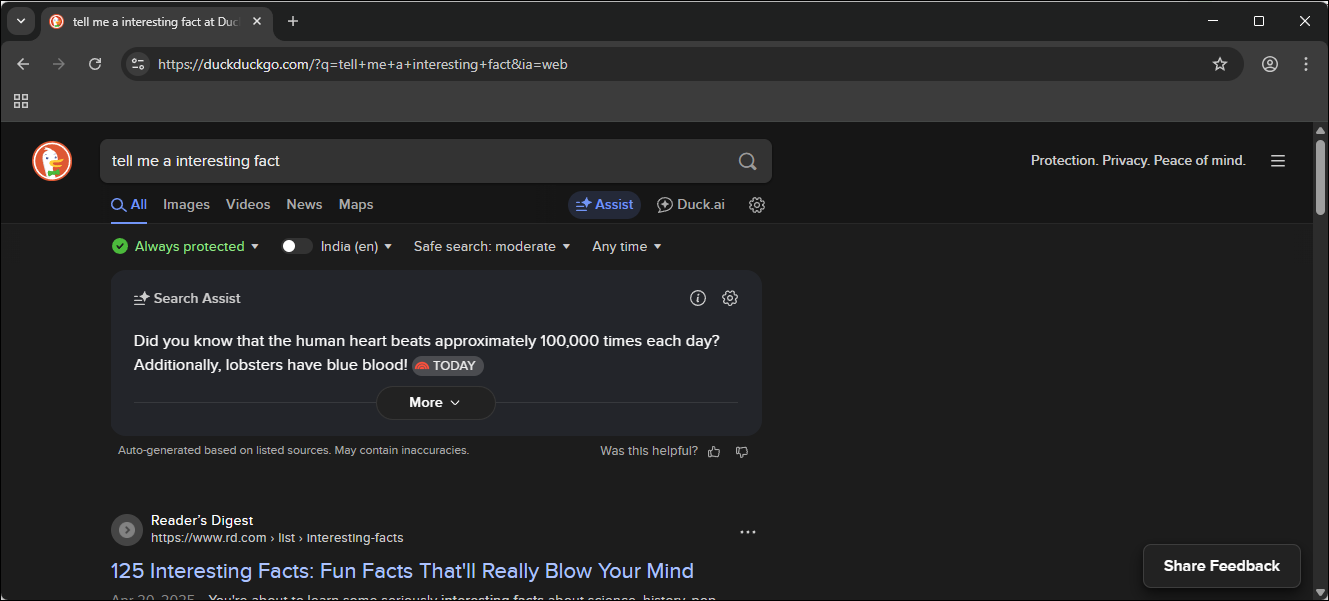 DuckDuckgo search engine on a Chromium tab