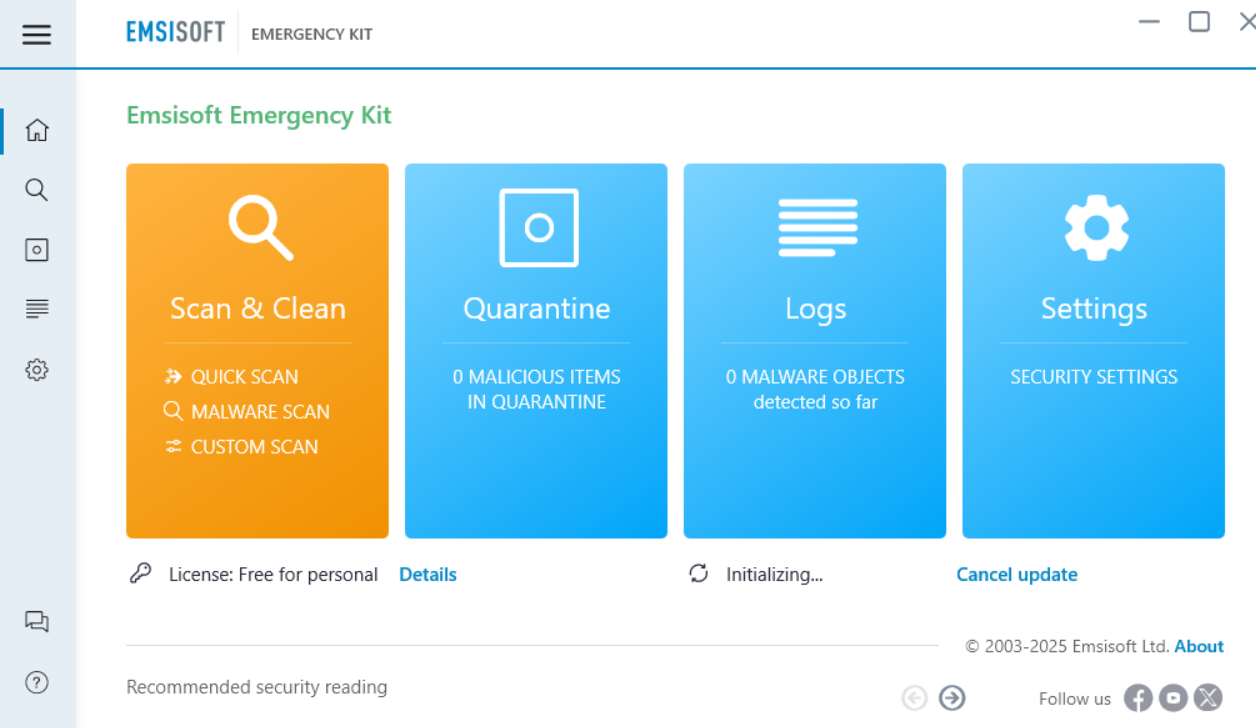 Emsisoft Emergency Kit app home screen