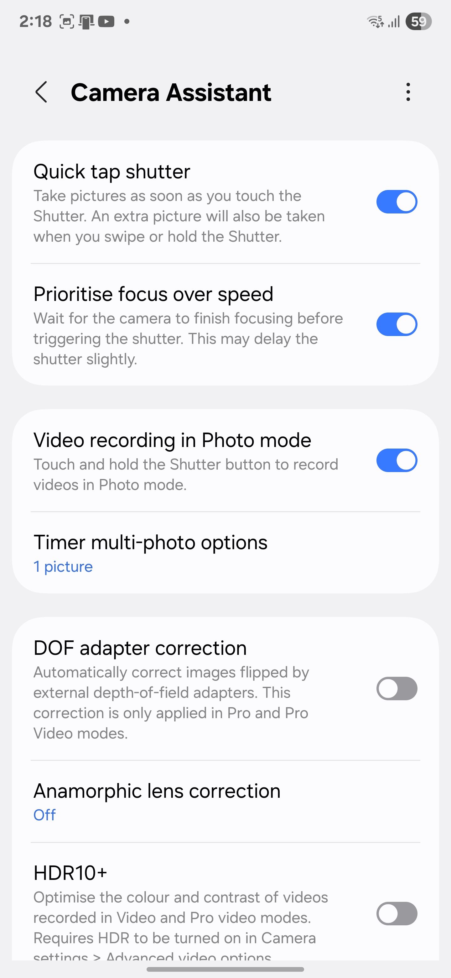 Enabling quick tap shutter in Camera Assistant