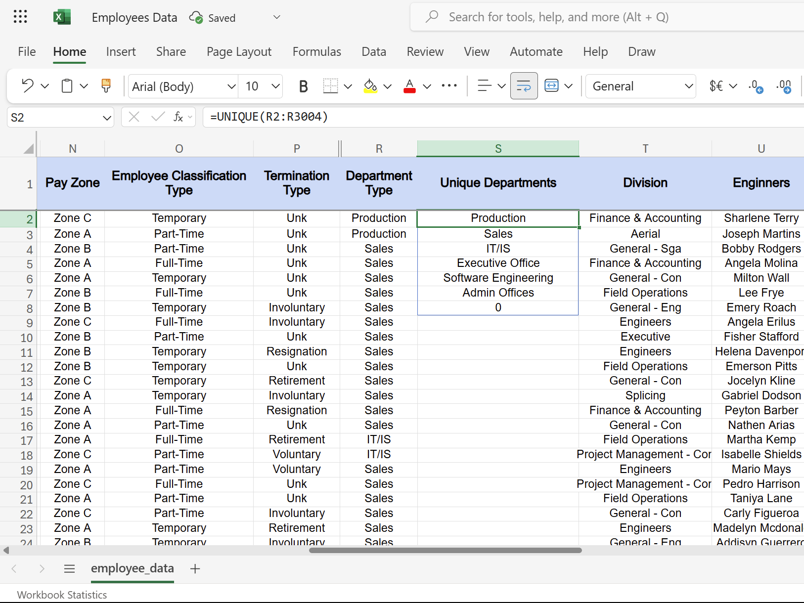 Excel UNIQUE function showing six departments list.