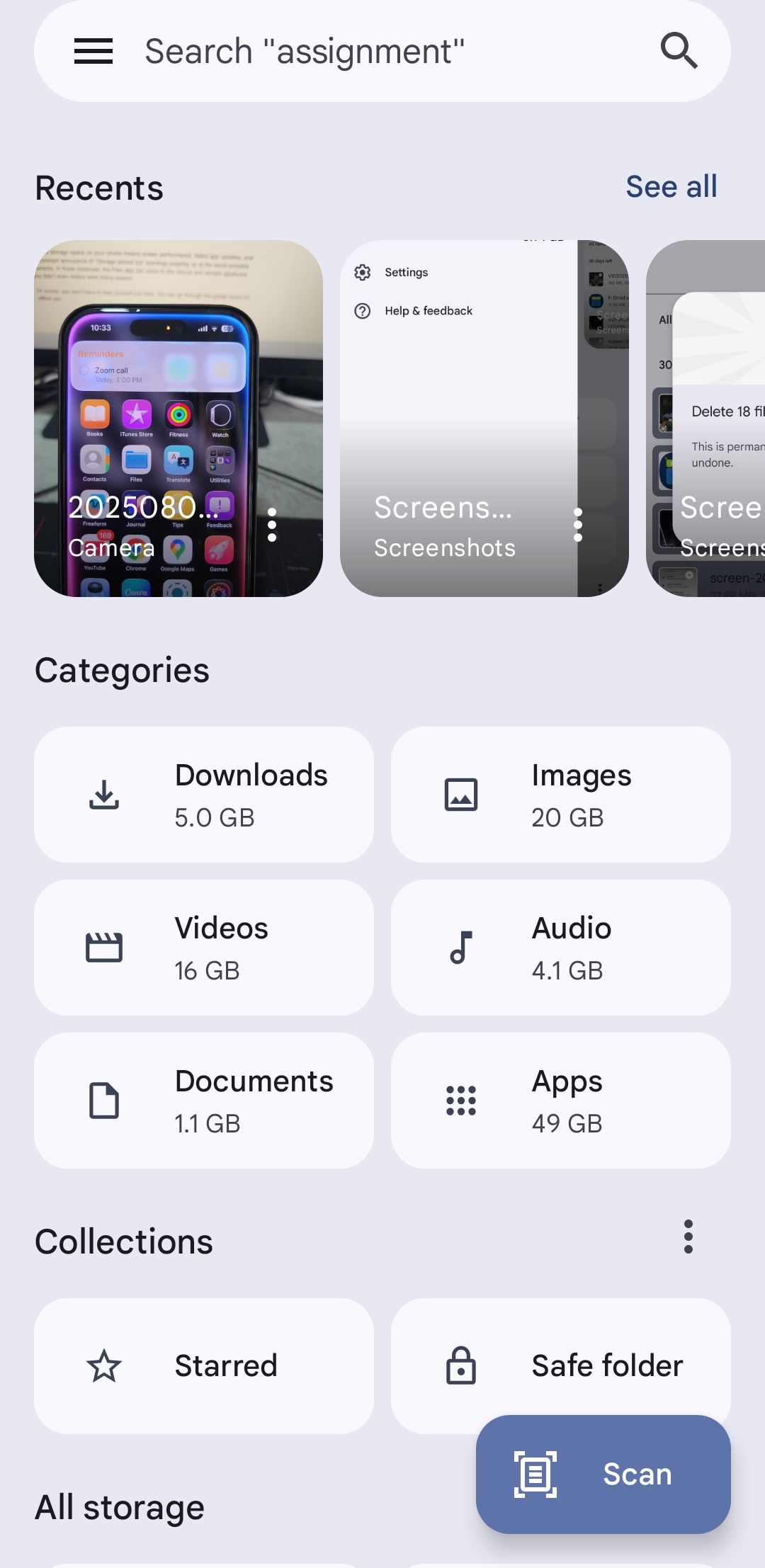 Files by Google app homepage