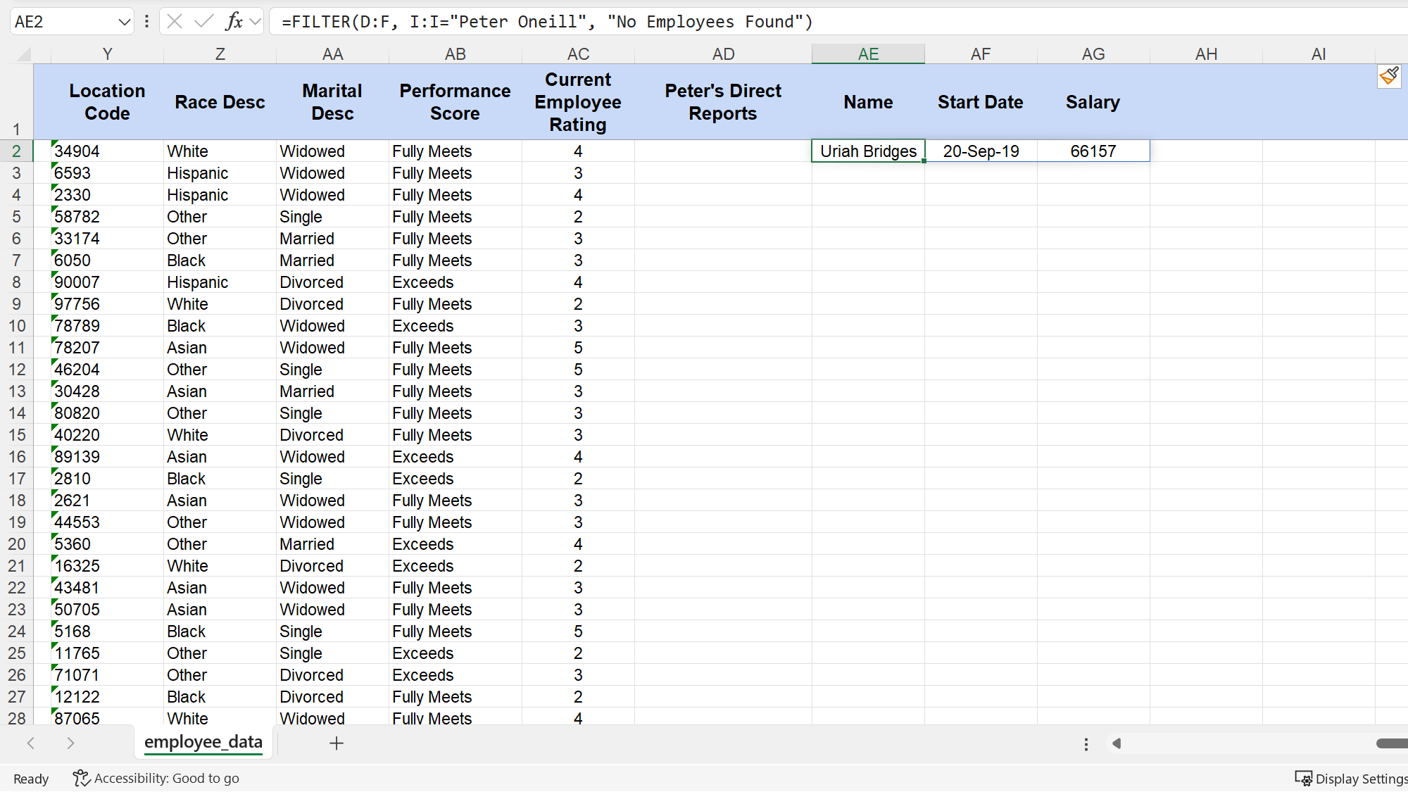 FILTER function in Microsoft Excel fetching employee details against their manager
