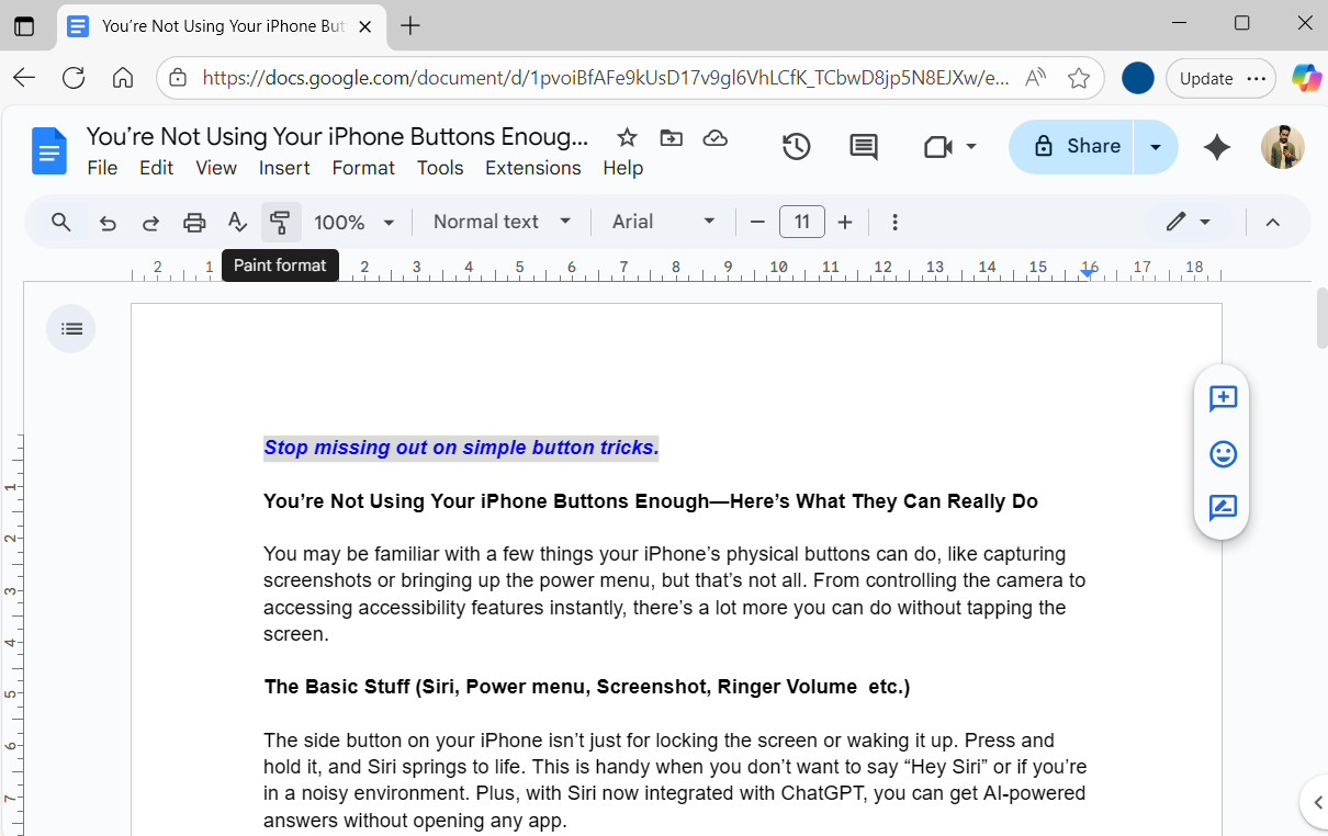 Format Painter in Google Docs document