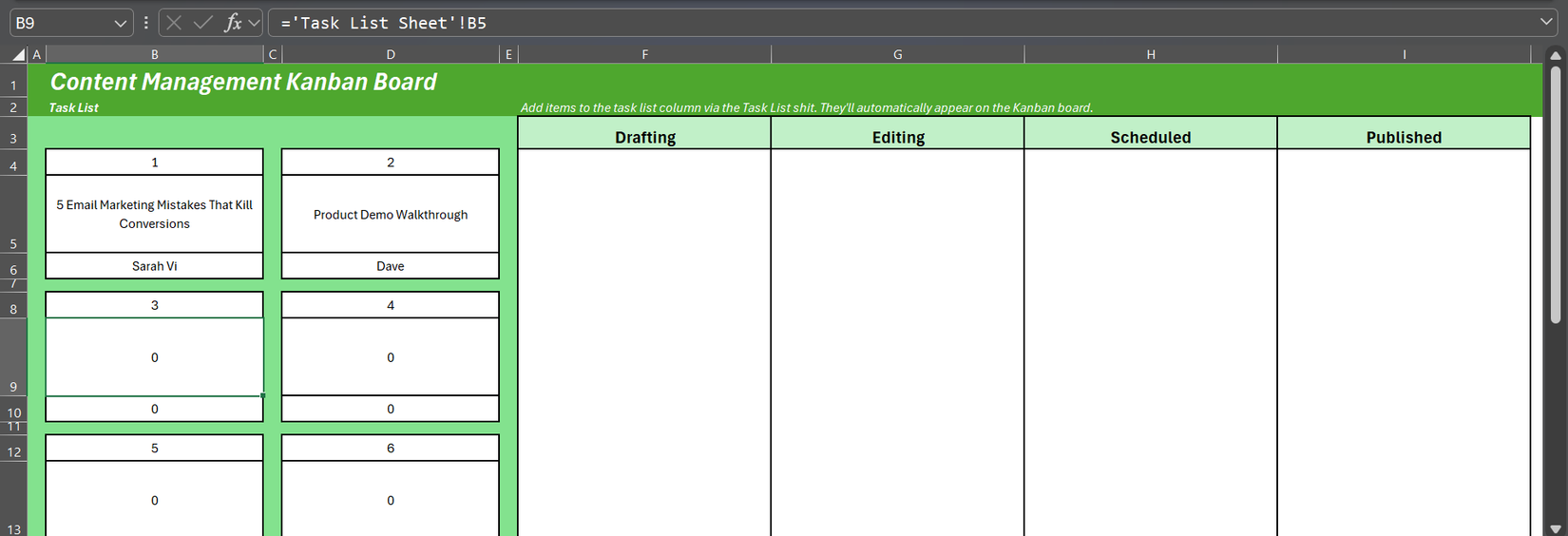 Four task cards displaying zeros in a Kanban Board in Excel