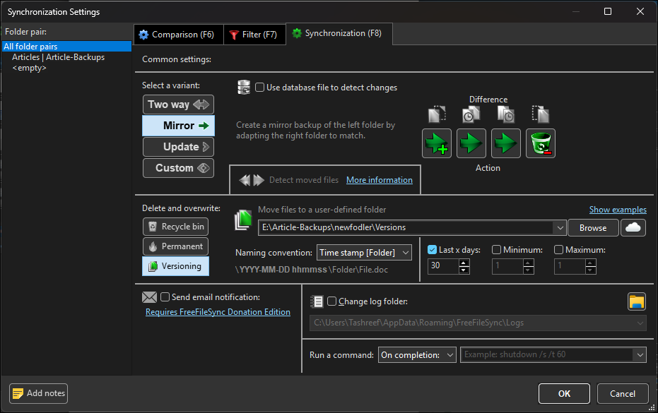FreeFileSync synchronization settings dialog 