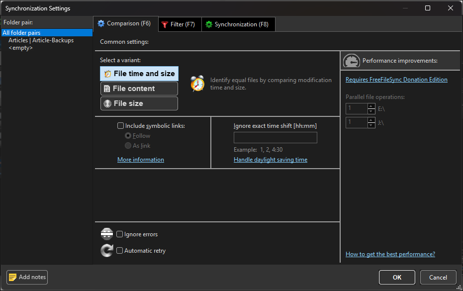 FreeFileSync synchronization settings dialog