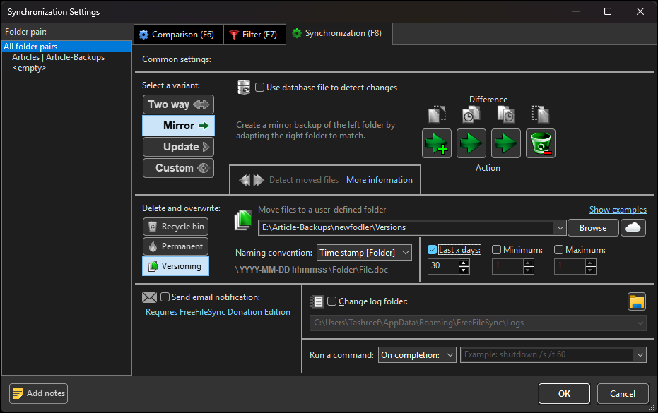 FreeFileSync Synchronization Versioning