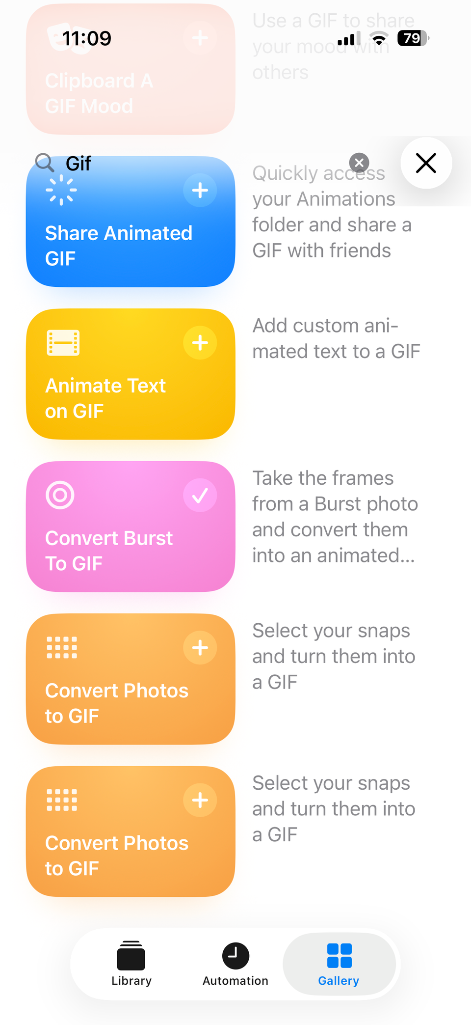 Gallery tab in Shortcuts app showing GIF automations