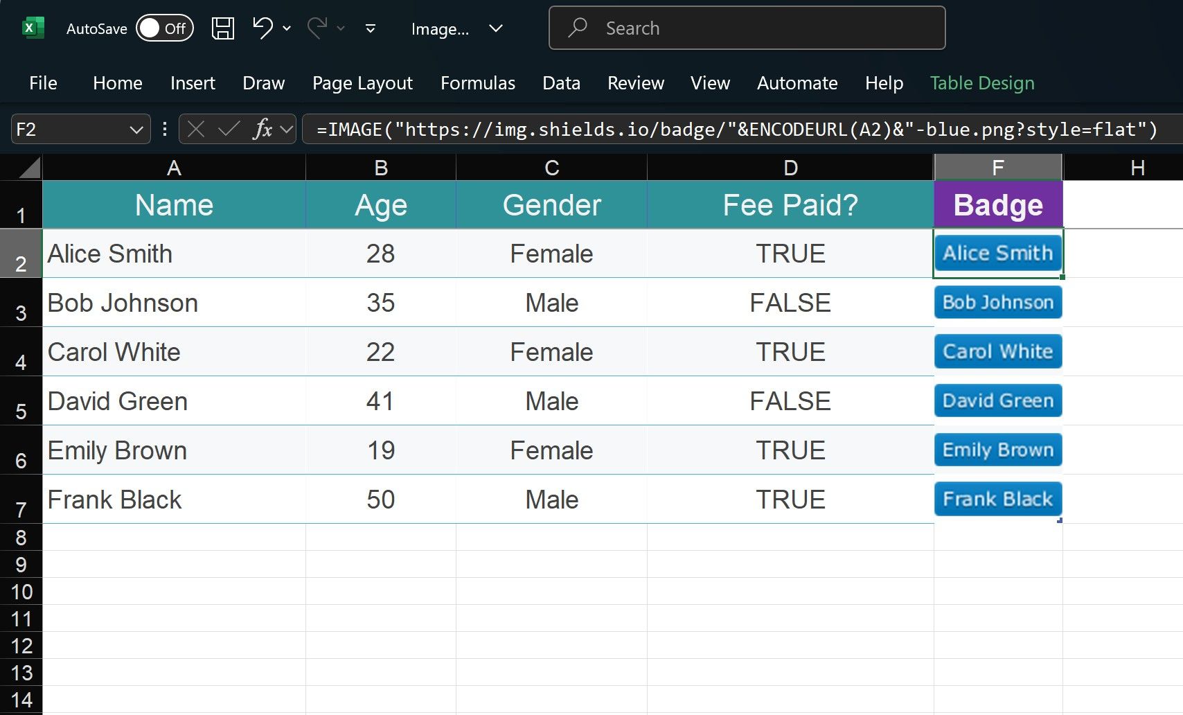 Generating plain badges in Excel