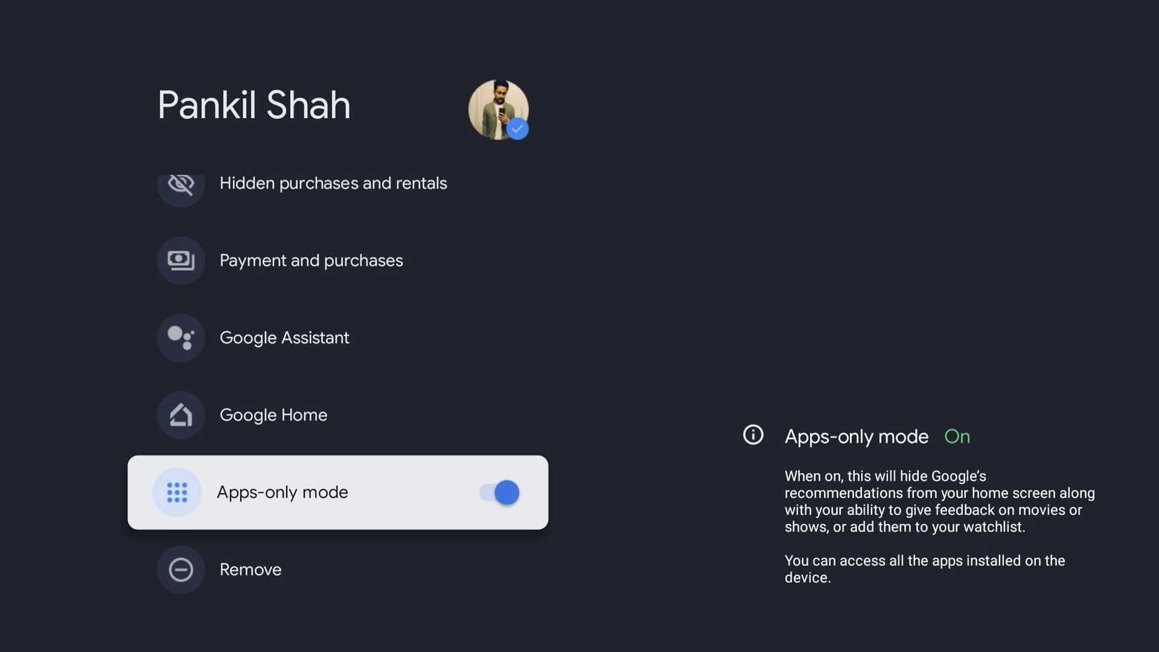 Google account settings on TV