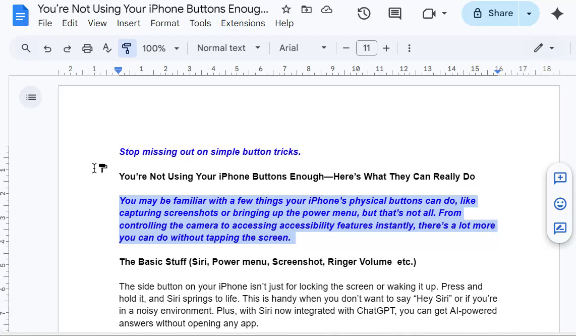 Google Docs document showing cursor with format painter icon