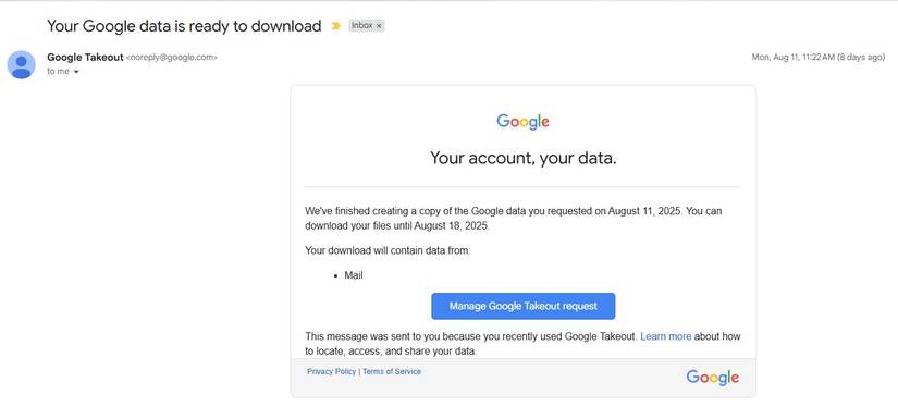 Google Takeout download link sent to email.