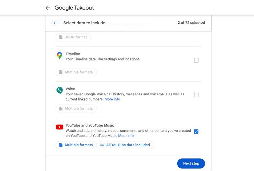 Google Takeout page with YouTube and YouTube Music data selected for export.