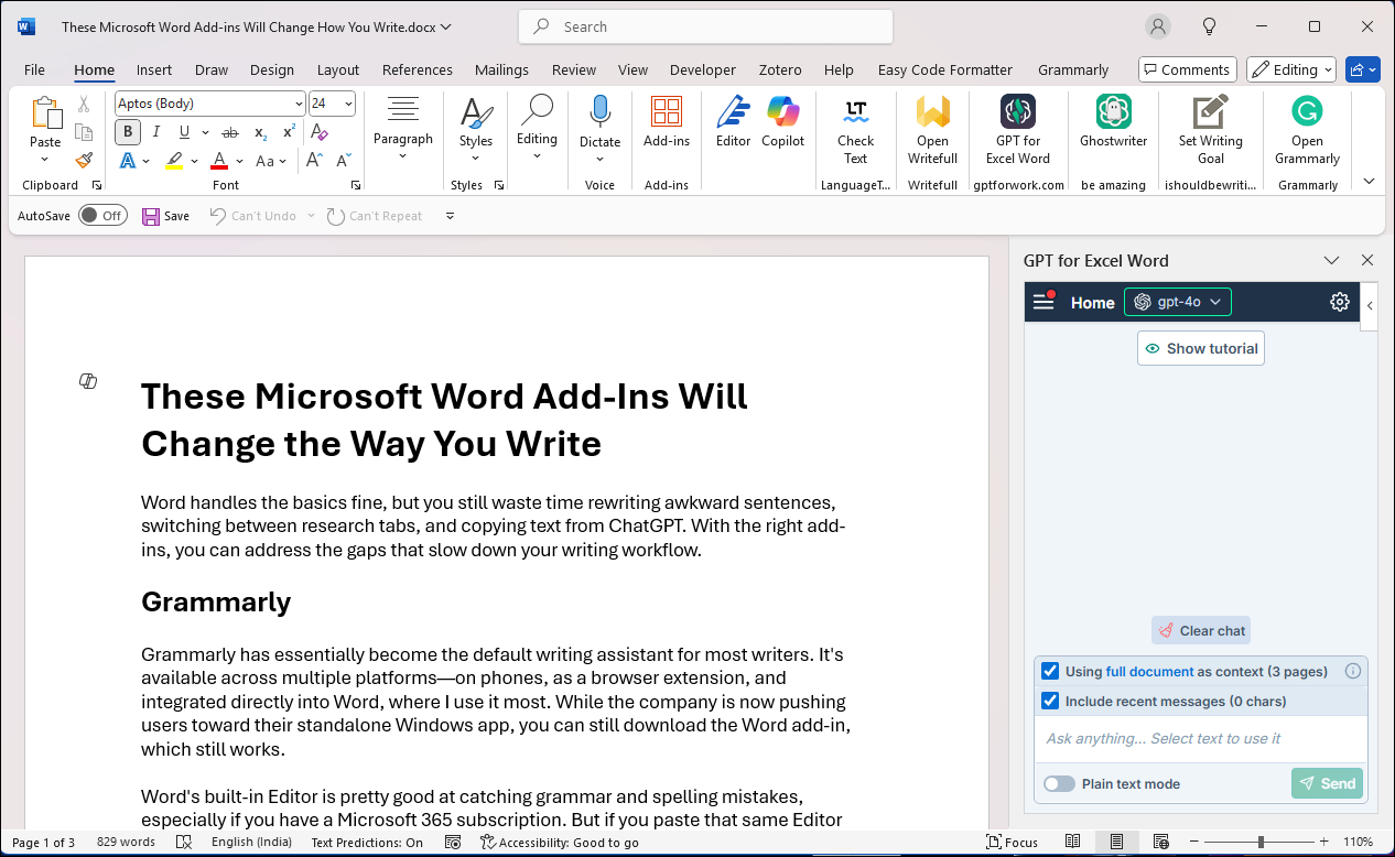 GPTforWork add-in interface in Microsoft Word