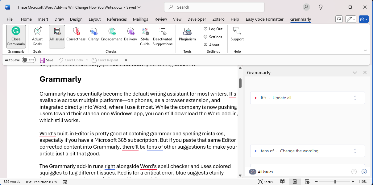 Grammarly add-in interface in Microsoft Word