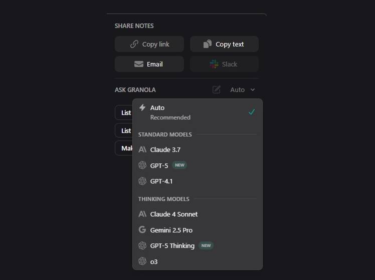 granola ai app available ai models
