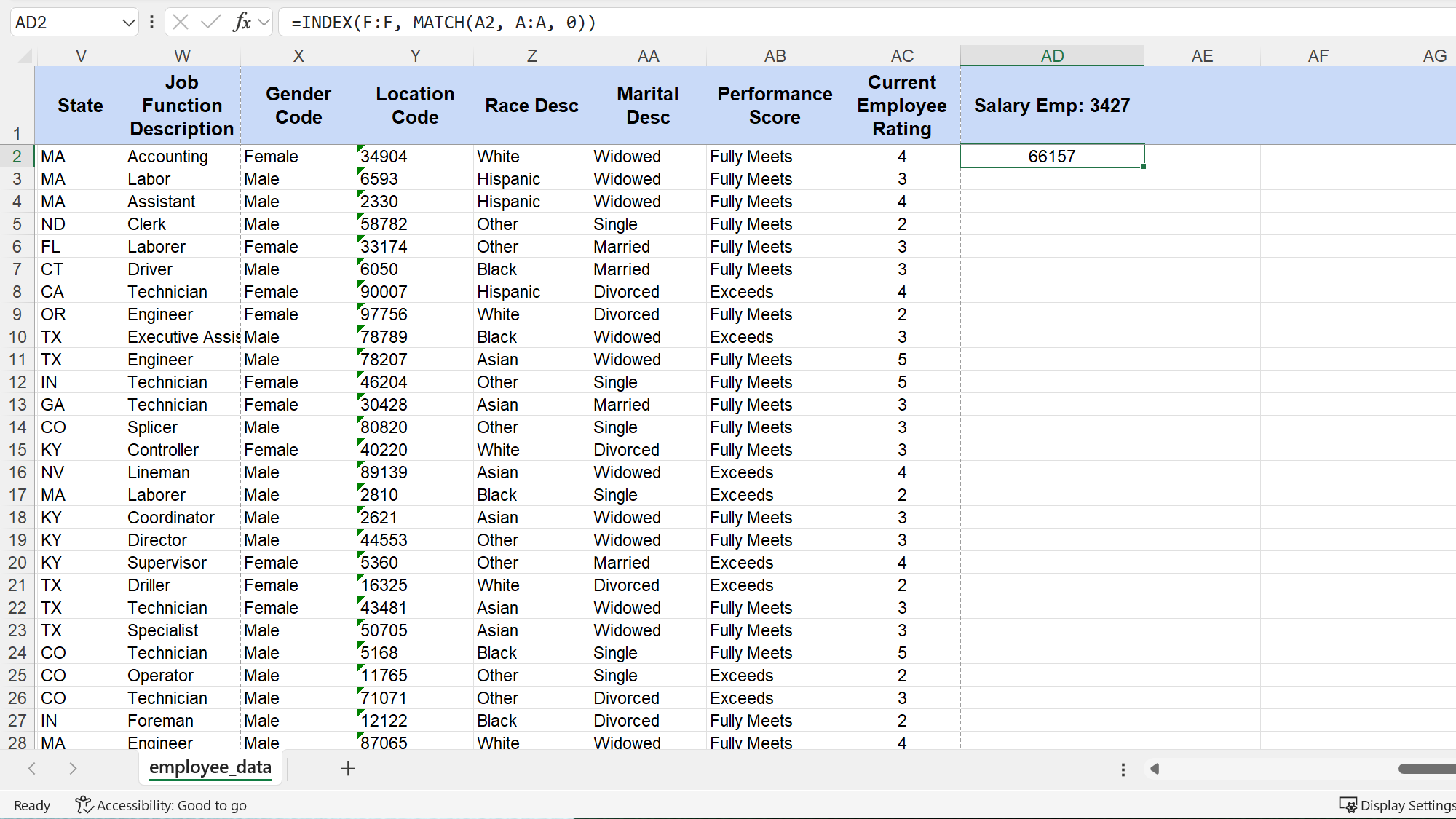 INDEX and MATCH functions in Microsoft Excel showing employee salary against their ID.