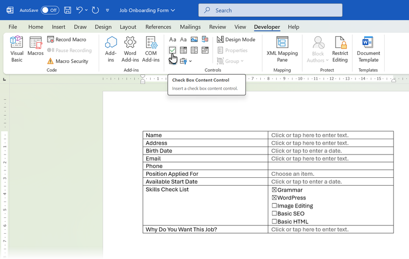 Insert Check Box Control in Word Form