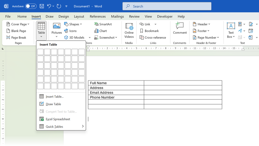 Insert Table in Word