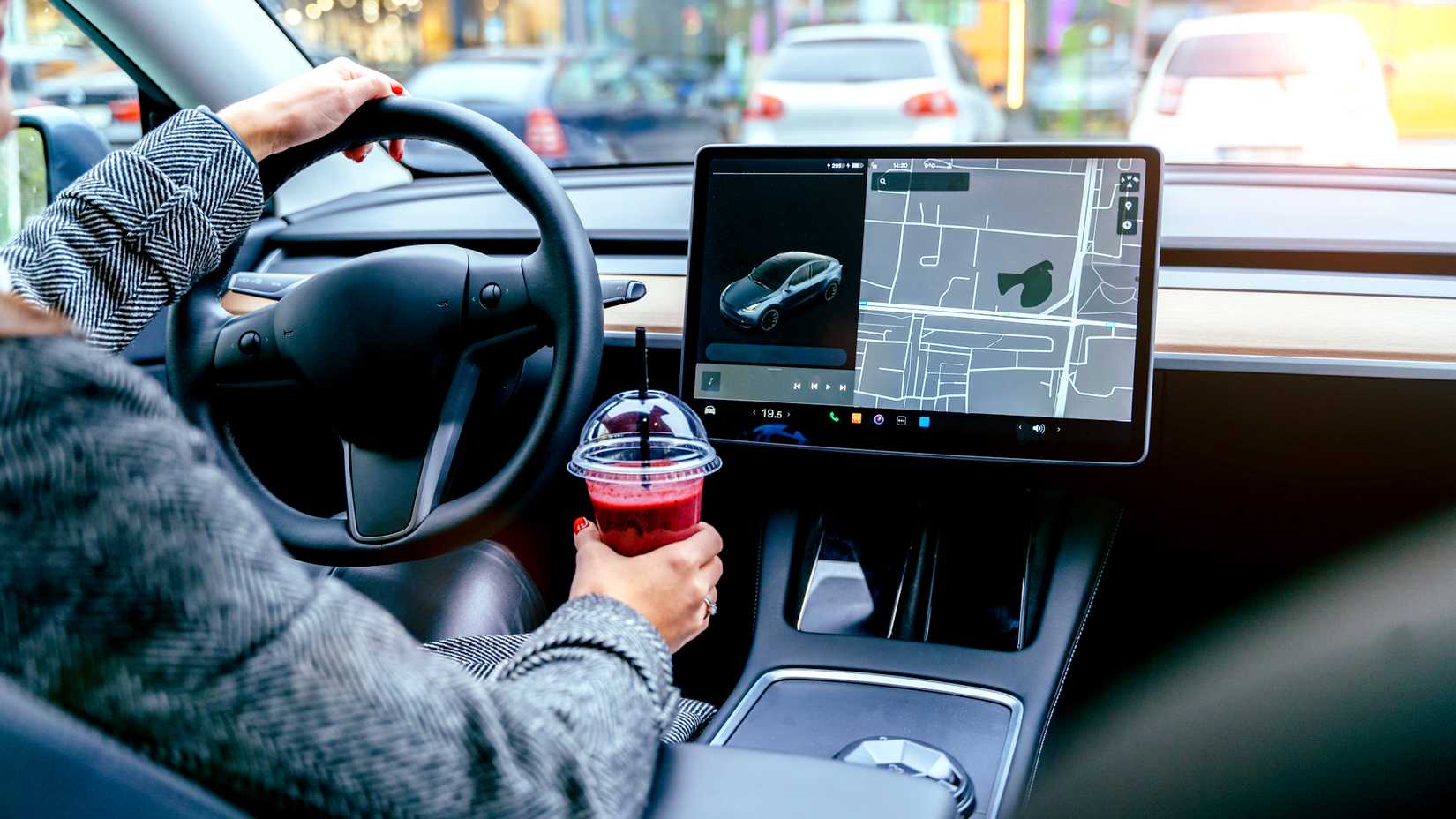 internal screen display tablet in tesla electric car.